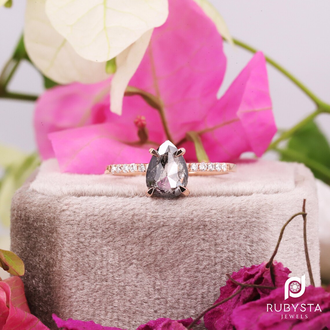 Salt and pepper diamond ring Pear diamond ring 14K Solid Etsy