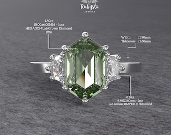 Anillo compromiso diamante verde hexagonal, tres piedras, diamante lab-grown, laterales trapezoidales
