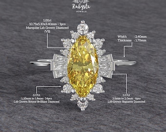 Anillo de compromiso con diamante marquesa amarillo en forma de sol, anillo con halo baguette estilo art déco, anillo nupcial vintage con diamante cultivado en laboratorio, anillo de oro blanco