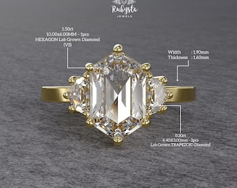Hexagon Lab Diamond Engagement Ring Yellow Gold • Three Stone VS Diamond Ring • Modern Geometric Wedding Ring
