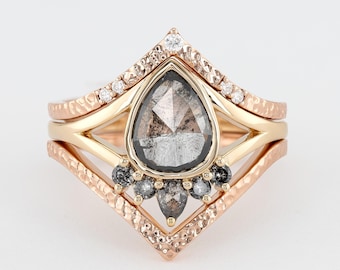 Salt and Pepper Pear Diamond Ring: Solid Gold, White Diamond Halo