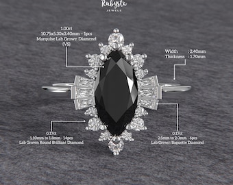 Anillo de compromiso con diamante marquesa negro en forma de sol, anillo halo baguette estilo art déco, anillo nupcial vintage con diamante cultivado en laboratorio, anillo de oro blanco