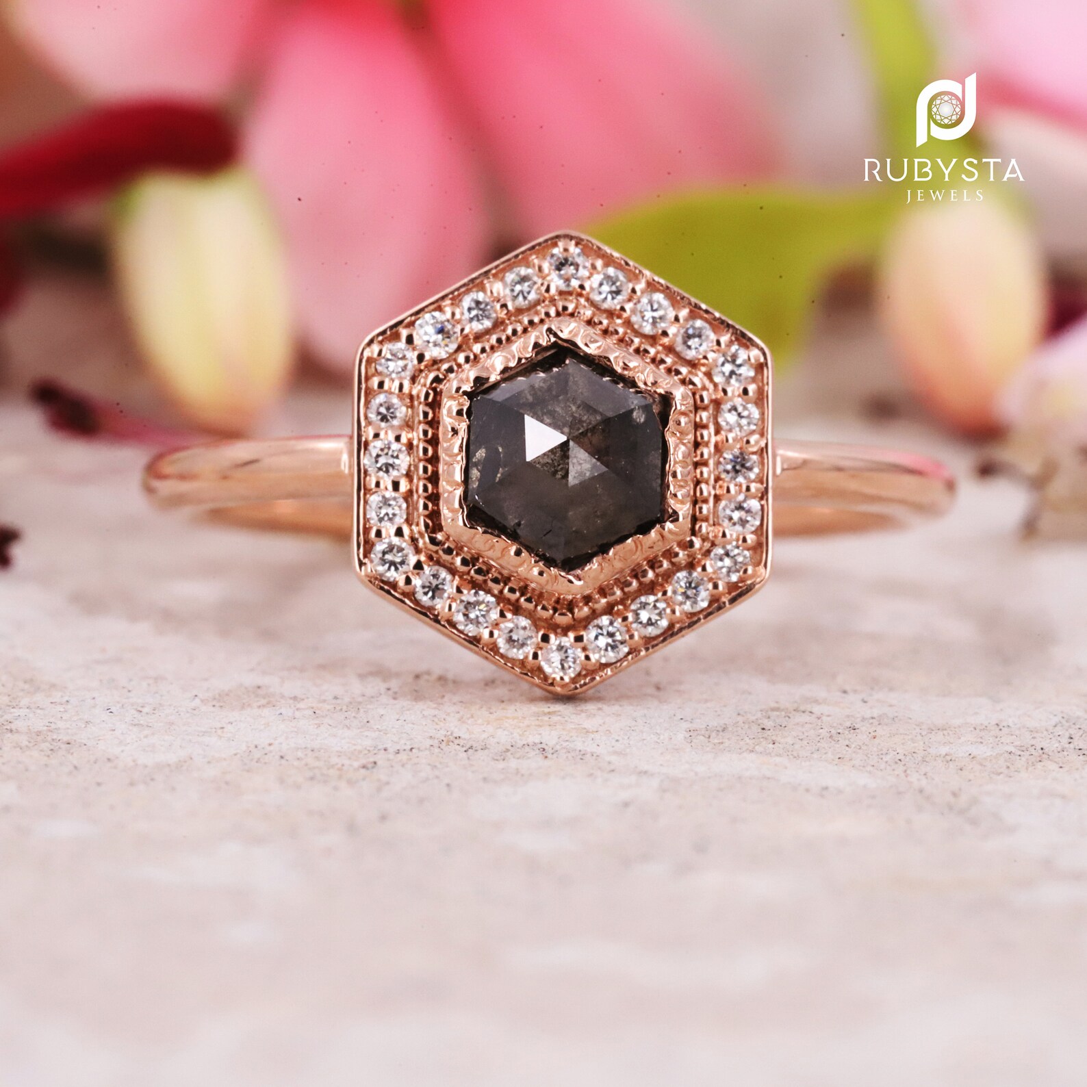 14k Solid Gold Salt and Pepper Hexagon Shape Diamond 0.74ct Etsy