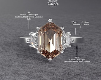 Anillo Diamante Marrón Hexagonal • 1.5ct Lab-Grown • Piedras Trapecio • Anillo Personalizado • Rubysta Jewelry