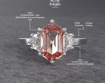 Anillo Diamante Rosa Durazno Hexagonal • Anillo Tres Piedras • Diamantes Trapecio • Personalizado