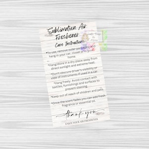 Printable Sublimation Car Freshener Care Card, Car Freshie Care Card