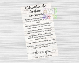 Printable Sublimation Car Freshener Care Card, Car Freshie Care Card