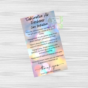 Printable Sublimation Car Freshener Care Card, Car Freshie Care Card