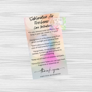 Printable Sublimation Car Freshener Care Card, Car Freshie Care Card