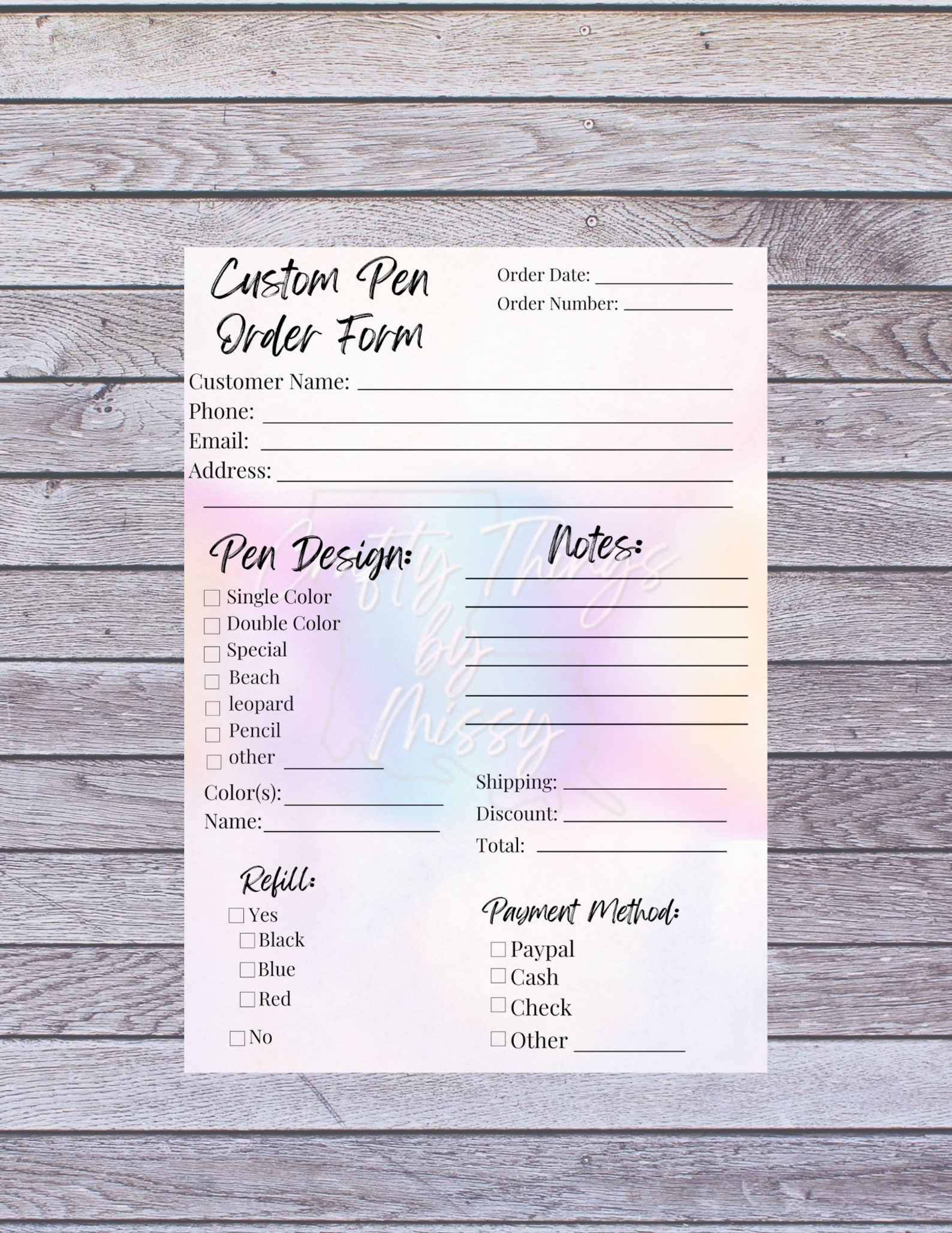 Pen Order Form Custom Pen Order Etsy