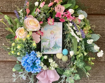14&quot; Catholic Easter wreath, He is Risen, Jesus, Lamb, Happy Easter, Farmhouse, Rustic, Woodland, Natural, Vintage, floral, door wreath