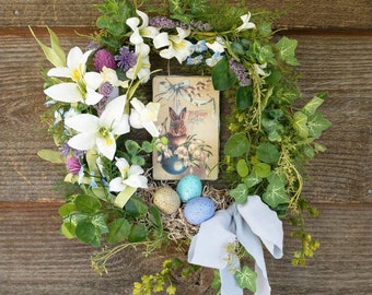 Easter wreath, Easter eggs, Bunnies, Happy Easter wreath, Farmhouse, Rustic, Woodland, Natural, Vintage, floral, door wreath