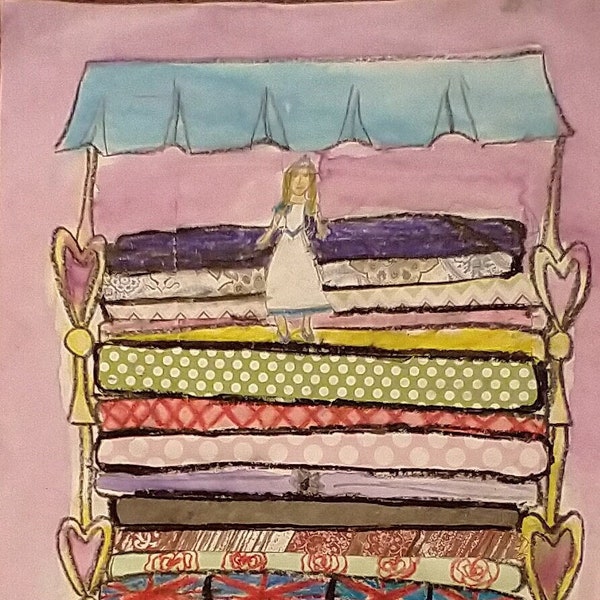 Die Prinzessin und die Erbse, Volkskunst, Drucke, Kinderzimmer Deko, bedruckte Postkarten, Märchenkunst, Wandkunst, Vintage Drucke