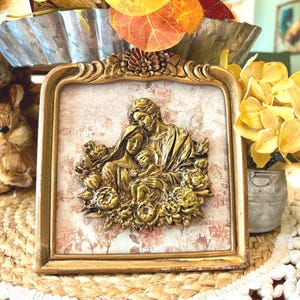 Farmhouse style Holy Family plaque wall art or table top decoration featuring plaster cast medallion with wood framed mount