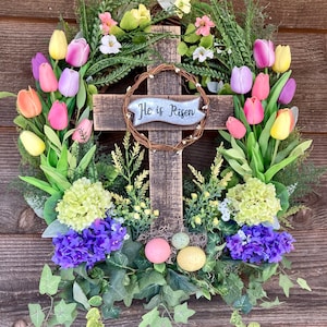 Spring wreath, Easter tulip wreath, Cross wreath, He is Risen, Front door, Christian Easter, Resurrection wreath, farmhouse, Cottagecore