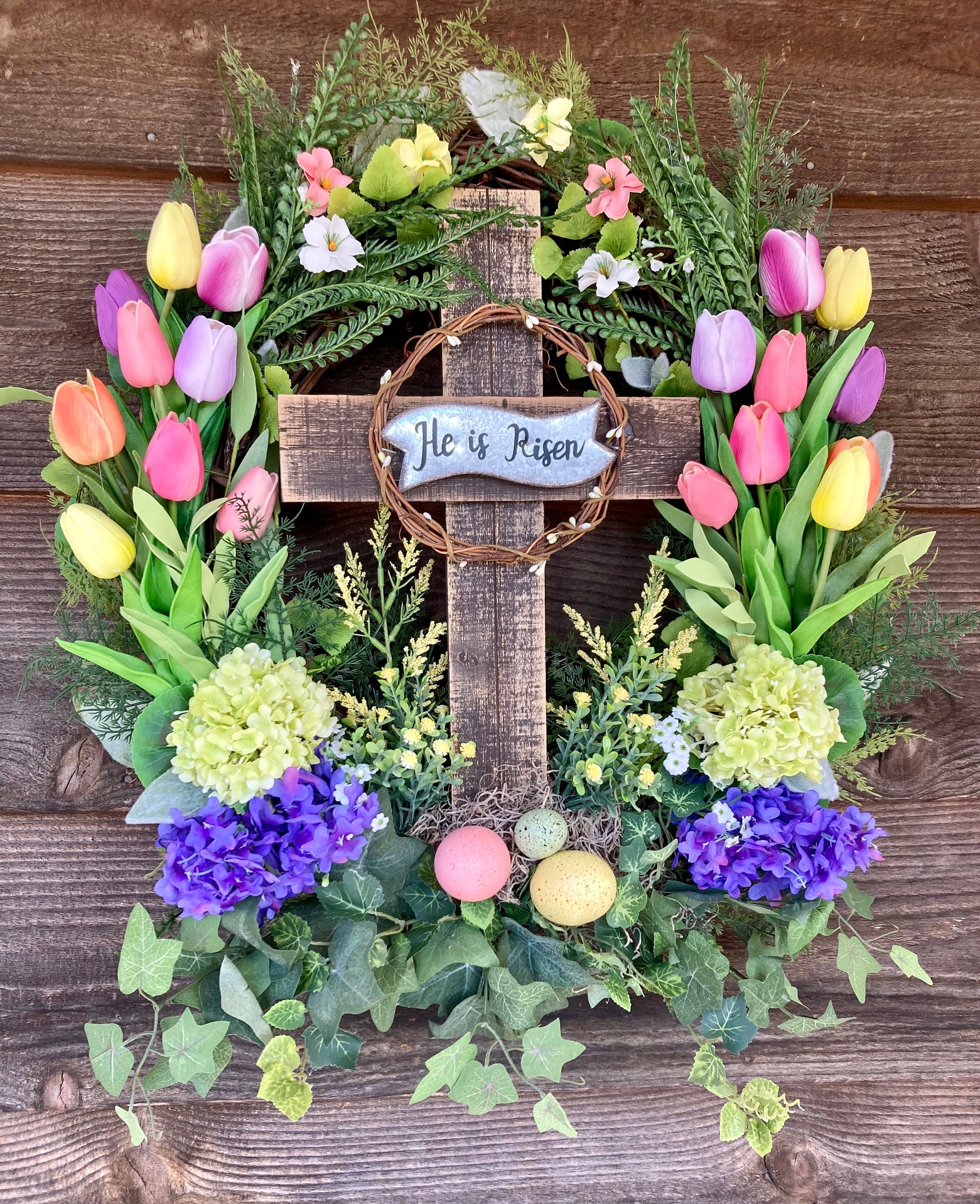 Spring wreath, Easter tulip wreath, Cross wreath, He is Risen, Front door, Christian Easter, Resurrection wreath, farmhouse, Cottagecore