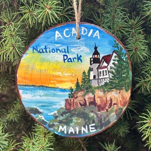 National Parks Ornament, Acadia National Park, Maine, hand-painted, wood slice, Christmas ornament