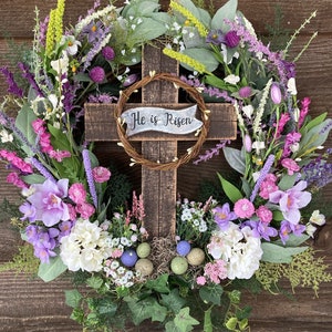 22" Easter wreath, Cross wreath, He is Risen Wreath, Catholic, Christian, Resurrection wreath, Front door wreath, farmhouse, rustic