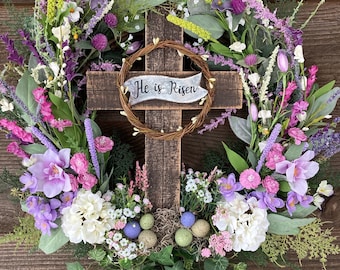 22" Easter wreath, Cross wreath, He is Risen Wreath, Catholic, Christian, Resurrection wreath, Front door wreath, farmhouse, rustic