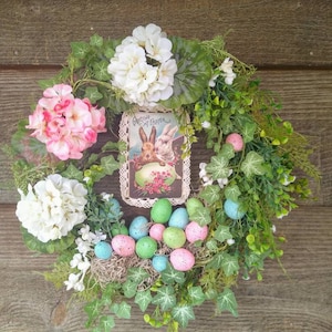 Corona di Pasqua, uova di Pasqua, coniglietti, corona di buona Pasqua, fattoria, rustica, vintage, floreale, corona di porta