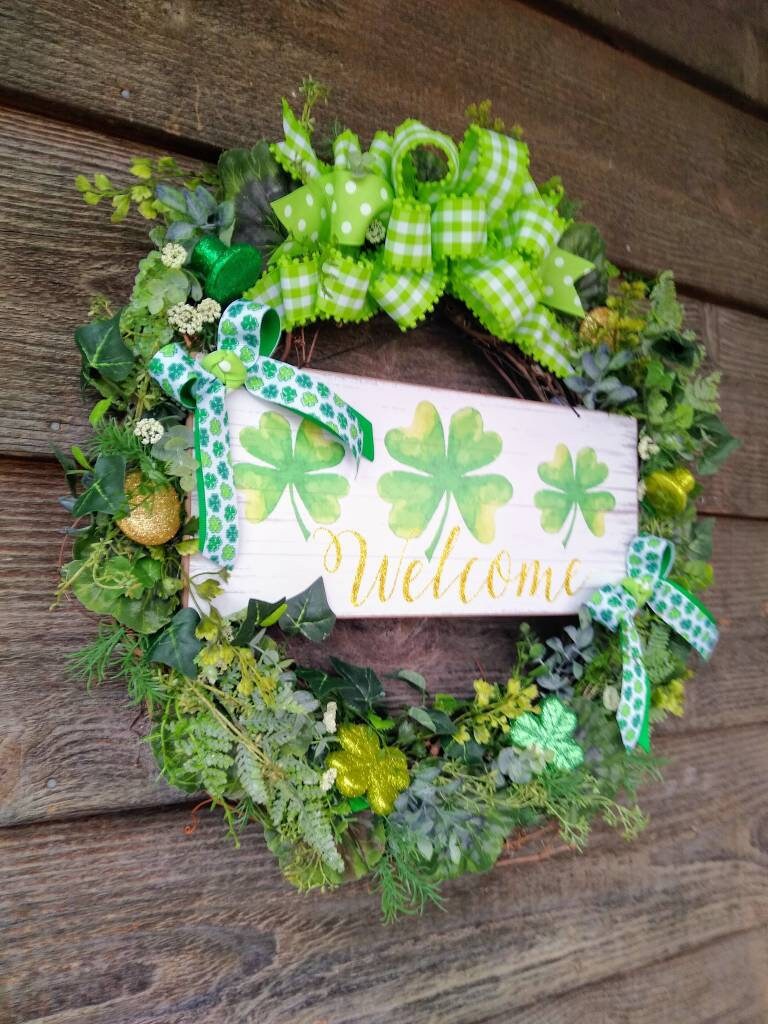 Fiocco Decorativo Gigante Per San Patrizio - Quadrifoglio Verde E Iuta 29x53 Cm