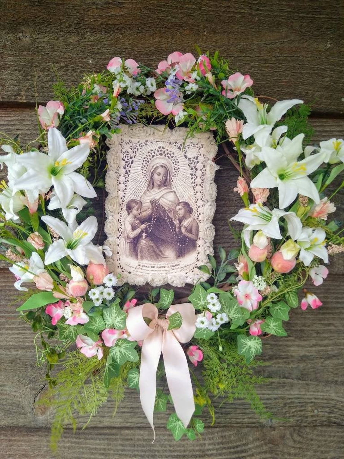 Our Lady of the Rosary Wreath, Vintage Lace Holy Card, Floral Catholic ...