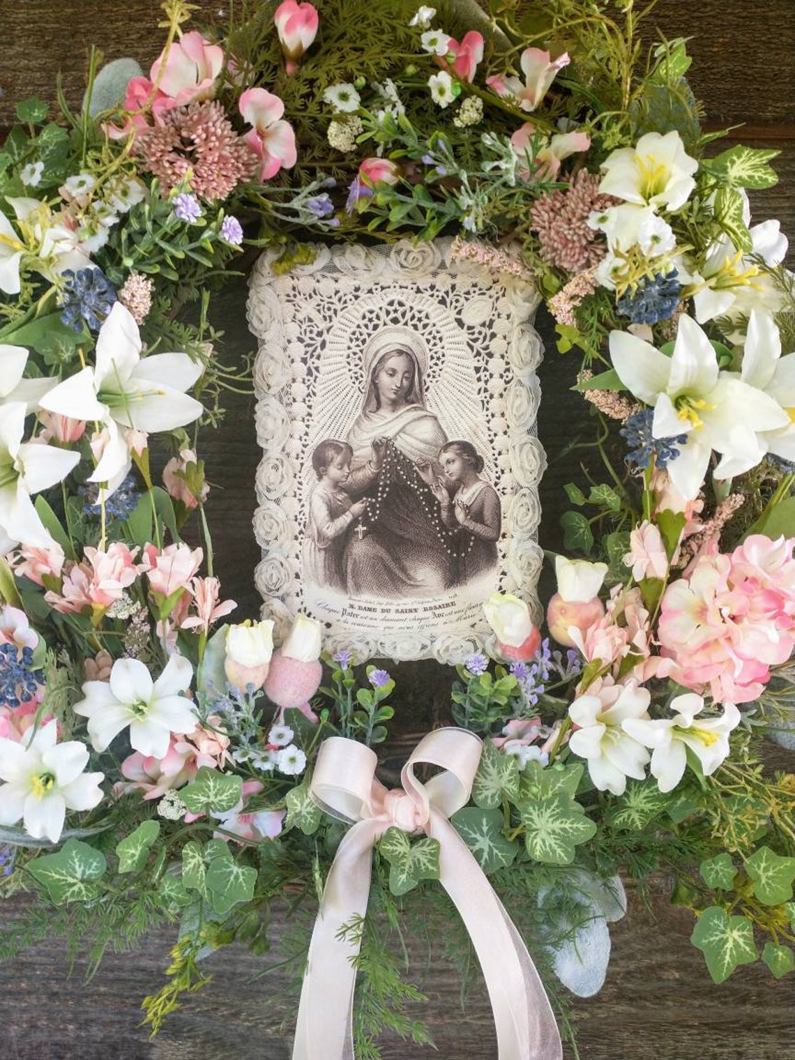 Our Lady of the Rosary Wreath, Vintage Lace Holy Card, Floral Catholic ...