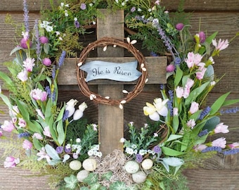Easter wreath, Cross wreath, He is Risen Wreath, Catholic, Christian,  Resurrection wreath, Front door wreath, farmhouse, rustic