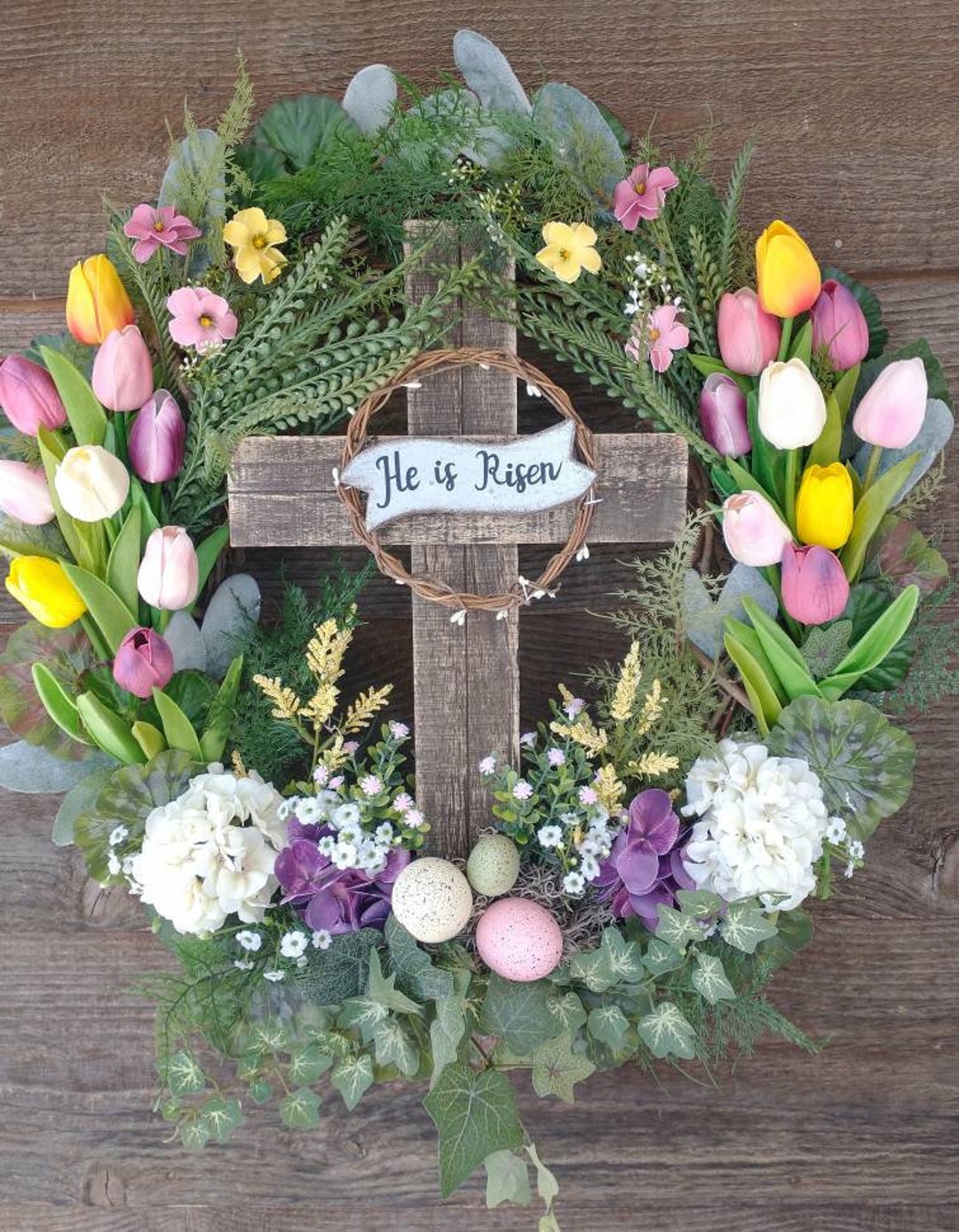 Spring Wreath Easter Tulip Wreath Cross Wreath He is Risen