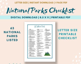 US National Parks Checklist | National Parks Checklist Printable | 63 US National Parks Checklist | United States National Parks Log