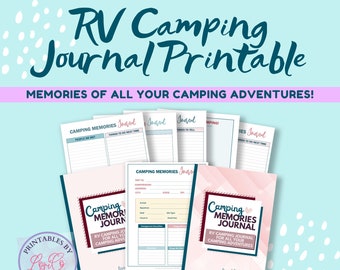 May include: A printable RV camping journal with a pink and white checkered background. The journal cover features the text "Camping Memories Journal" in a burgundy font with a heart icon. The text "RV Camping Journal for all your camping adventures" is also included on the cover.
