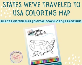 Places I've Been Map, Travel Tracker Map, Places Visited Map, USA Map Coloring Printable, Digital Download, Printable Map Tracker