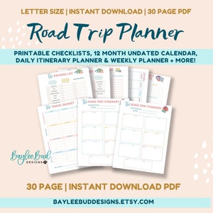 May include: A printable road trip planner with checklists, a 12-month calendar, daily itinerary, and weekly planner. The planner has a pink and blue color scheme with floral illustrations.