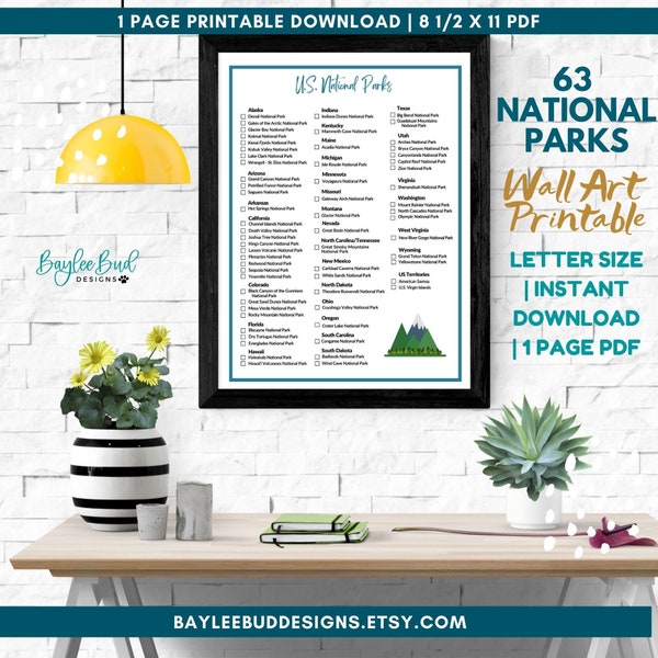National Parks Checklist Printable | US National Parks Checklist | 63 US National Parks Checklist | United States National Parks Log