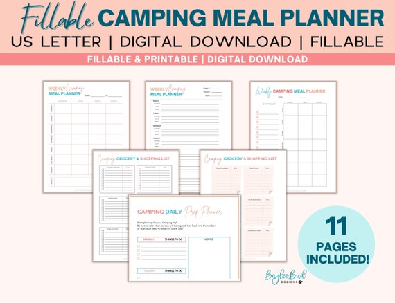Fillable Camping Meal Planner, Fillable RV Meal Plan, Printable Meal Planner, Camping Menu Planner, RV Camping Meal Planner PDF
