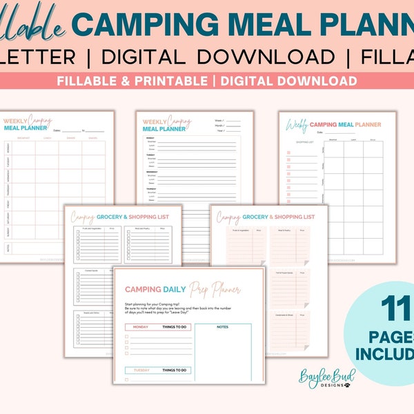 Fillable Camping Meal Planner, Fillable RV Meal Plan, Printable Meal Planner, Camping Menu Planner, RV Camping Meal Planner PDF