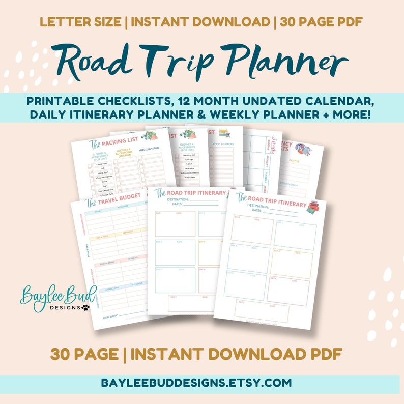 May include: A printable road trip planner with checklists, a 12-month calendar, daily itinerary, and weekly planner. The planner has a pink and blue color scheme with floral illustrations.