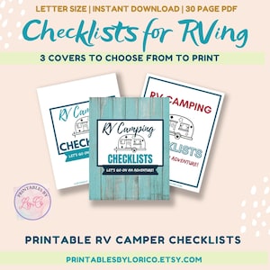 May include: Three printable covers for RV camping checklists. The covers feature a blue and white woodgrain background with a black and white illustration of a camper. The text on the covers reads "RV Camping Checklists" and "Let's go on an adventure!"