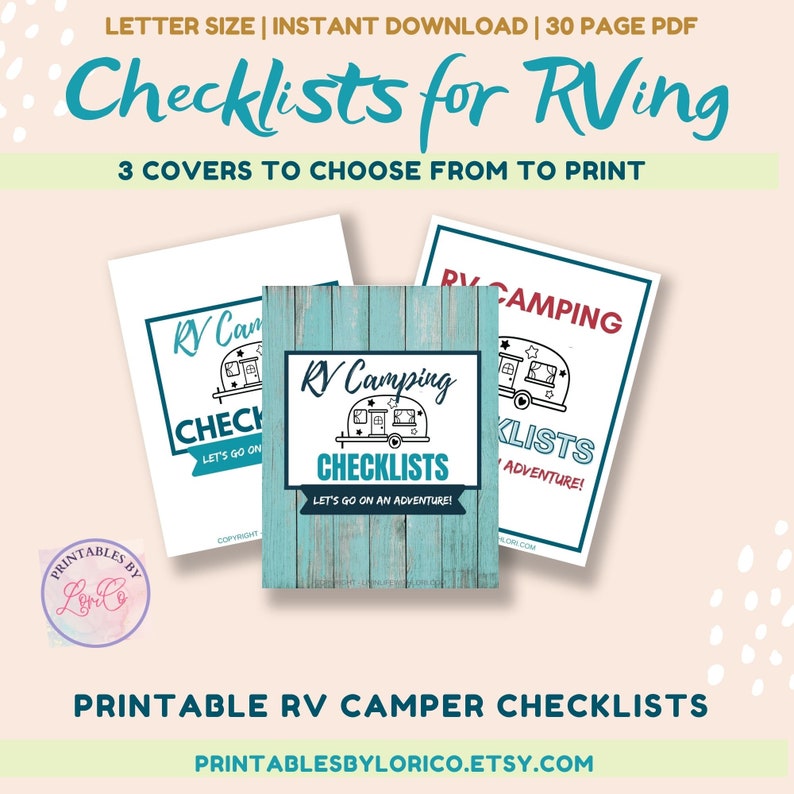 May include: Three printable covers for RV camping checklists. The covers feature a blue and white woodgrain background with a black and white illustration of a camper. The text on the covers reads "RV Camping Checklists" and "Let's go on an adventure!"