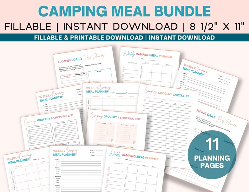 May include: A printable camping meal bundle with 11 planning pages. The pages include a weekly meal planner, grocery checklist, daily prep planner, and grocery and shopping list. The pages are designed in a light blue and pink color scheme.