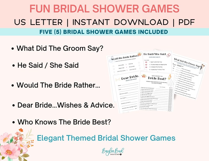 Elegant Bridal Shower Games, Wedding Shower Games, Bridal Party Games, Shower Games Bundle, Bride Groom Shower, Would Bride Rather image 6