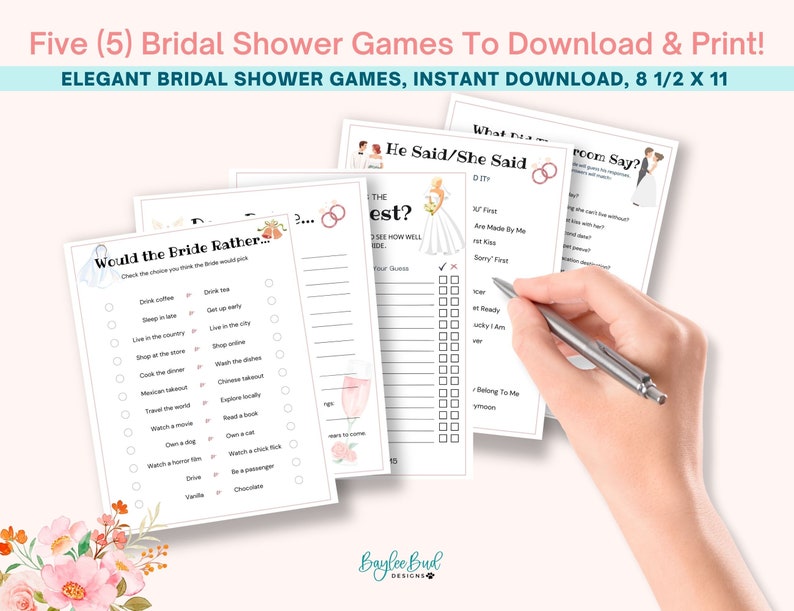 Elegant Bridal Shower Games, Wedding Shower Games, Bridal Party Games, Shower Games Bundle, Bride Groom Shower, Would Bride Rather image 7