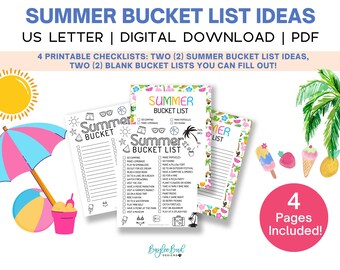 May include: Four printable checklists: two summer bucket list ideas and two blank bucket lists. The checklists are decorated with summer-themed illustrations, including a beach umbrella, a beach ball, a popsicle, a strawberry, an ice cream cone, and a pineapple. The text "SUMMER BUCKET LIST" is featured on the checklists.