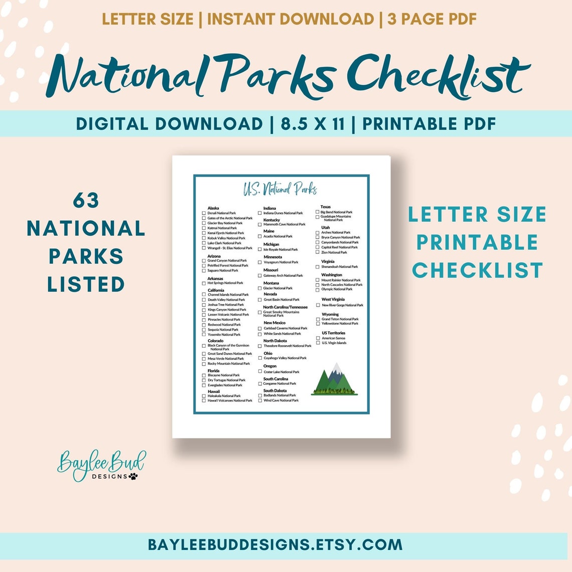 National Parks Checklist Printable | US National Parks Checklist | 63 ...