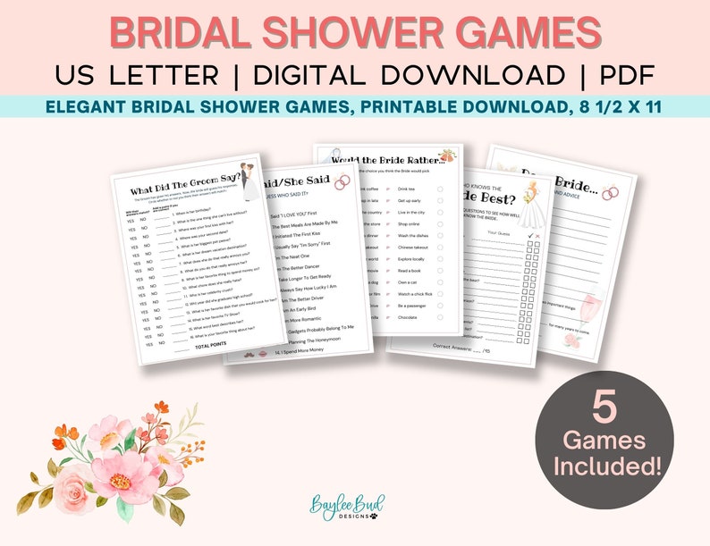 Elegant Bridal Shower Games, Wedding Shower Games, Bridal Party Games, Shower Games Bundle, Bride Groom Shower, Would Bride Rather image 4