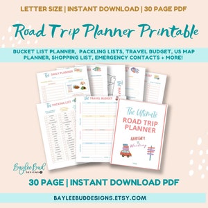 May include: Printable road trip planner with 30 pages. The planner includes a daily planner, packing list, travel budget, US map, shopping list, emergency contacts, and more. The cover features a car with luggage on top and a sign that says "Adventure is Waiting".