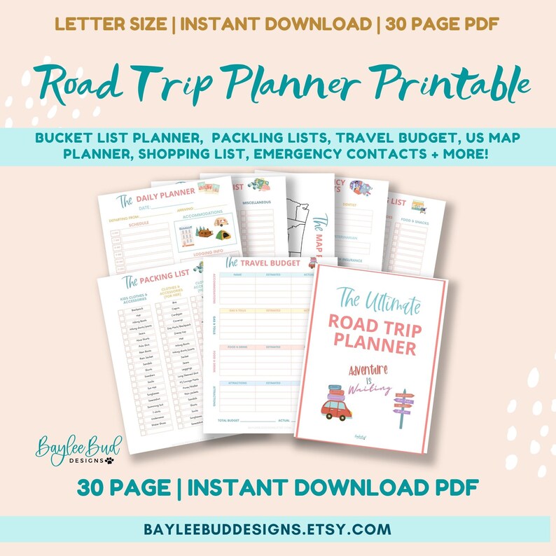 May include: Printable road trip planner with 30 pages. The planner includes a daily planner, packing list, travel budget, US map, shopping list, emergency contacts, and more. The cover features a car with luggage on top and a sign that says "Adventure is Waiting".