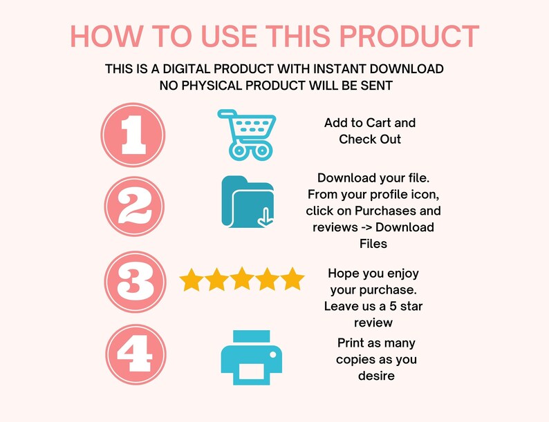 May include: A pink and white infographic with four steps on how to use a digital product. The steps are numbered 1 through 4 and include icons for a shopping cart, a folder with a download arrow, five stars, and a printer. The text reads "How to Use This Product", "This is a digital product with instant download. No physical product will be sent.", "Add to Cart and Check Out", "Download your file. From your profile icon, click on Purchases and reviews -> Download Files", "Hope you enjoy your purchase. Leave us a 5 star review", and "Print as many copies as you desire."