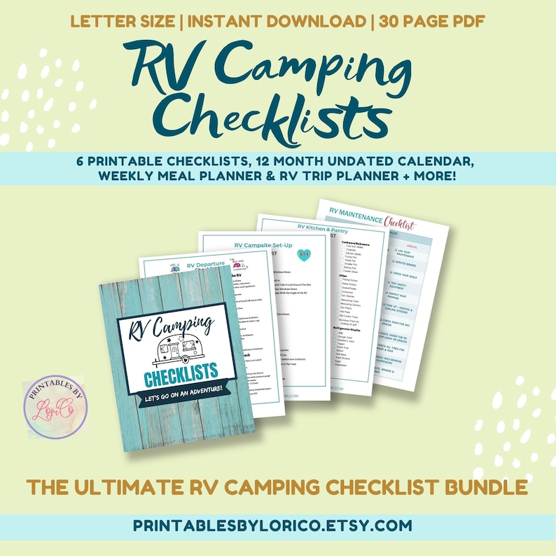 May include: A printable RV camping checklist bundle with a turquoise and white cover featuring a cartoon RV. The bundle includes 6 printable checklists, a 12-month undated calendar, a weekly meal planner, an RV trip planner, and more. The text "RV Camping Checklists" is on the cover. The text "Let's go on an adventure!" is on the cover.