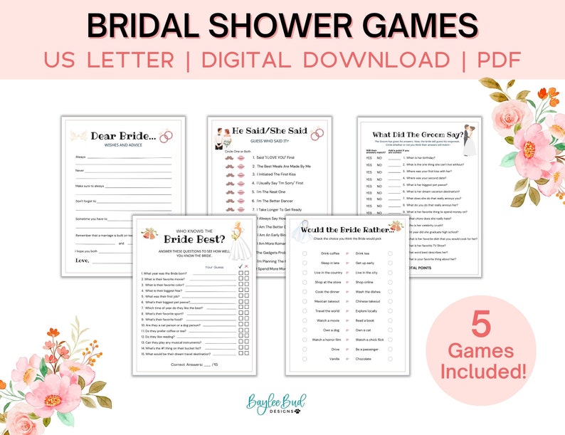 Elegant Bridal Shower Games, Wedding Shower Games, Bridal Party Games, Shower Games Bundle, Bride Groom Shower, Would Bride Rather image 2